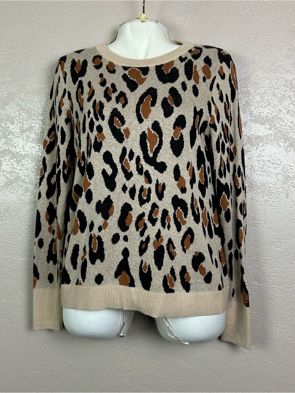 a new day Beige Leopard Print Crewneck Sweater with Black and Brown Spots